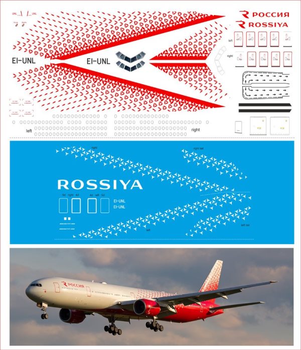 777300-18 Pas-Decals Декаль на Boeing 777-300 НОВАЯ РОССИЯ (красная) с элементами белой печати 1/144