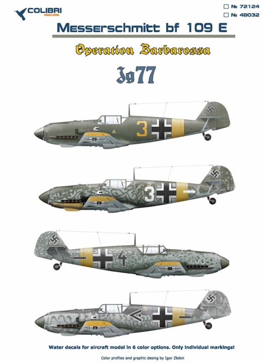 72124 Colibri Decals Декали для Messerschmitt Bf 109E 1 1/72