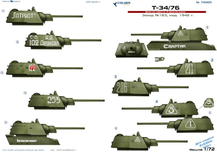 72085 Colibri Decals Декали для T-34/76 (завод 183, модификация 1942 года) 1/72