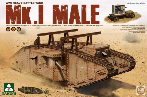 Сборная модель 2031 Takom Танк Tank Mk.I Male с прицепом 