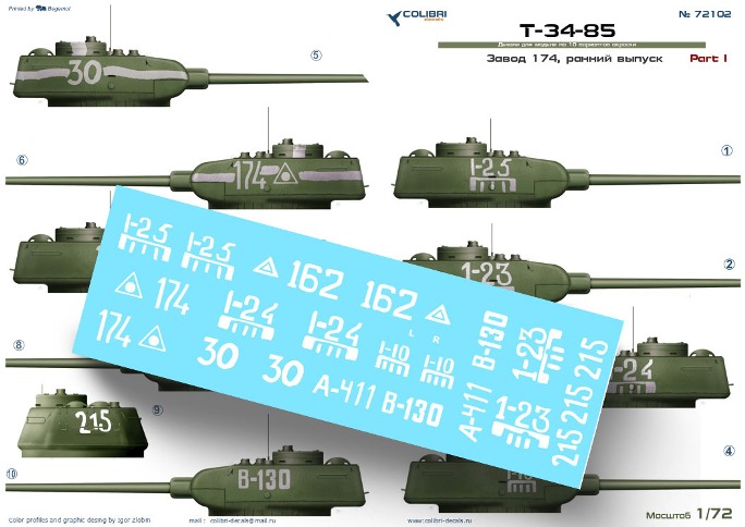 72102 Colibri Decals Декали для T-34-85 factory 174. Part I 1/72