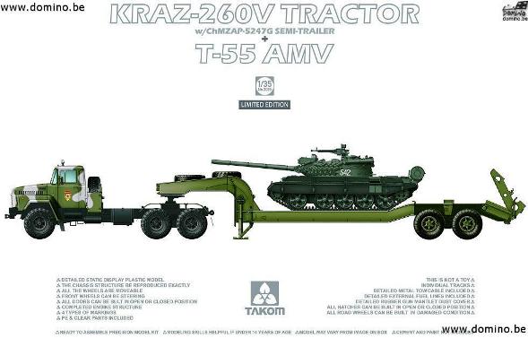 Сборная модель 2095 Takom Автомобиль КРАЗ-260В с прицепом + Т-55 АМВ  