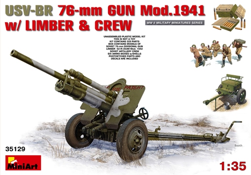 35129 MiniArt 76-мм пушка УСВ-БР обр. 1941 г. с передком 52-Р-353М и расчетом (5 фигур) 1/35