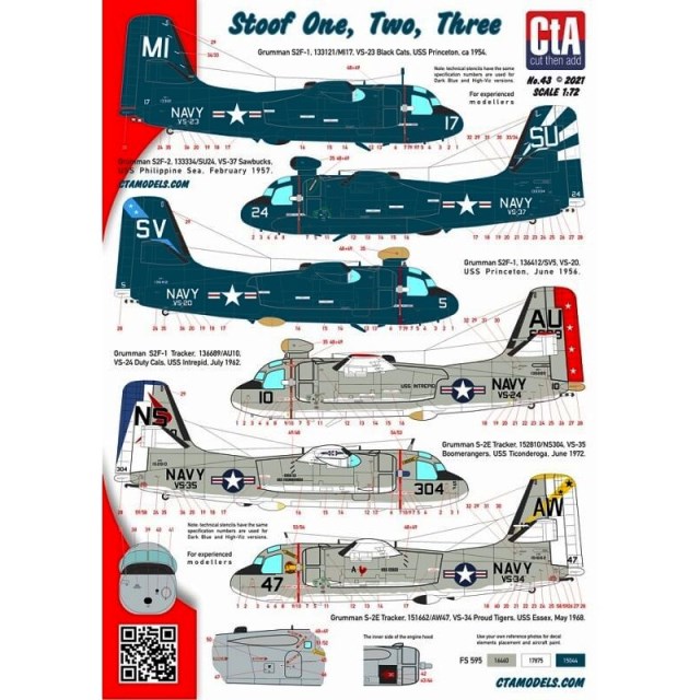 CTA-043 CtA "Stoof One, Two,  Three" - Grumman S-2 Tracker, Dark Blue and Hi-Viz, 6 Markings 1/72