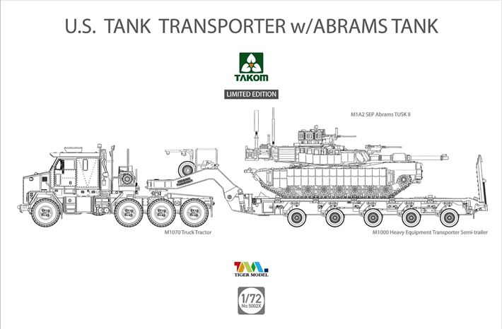 5002X Takom Американский тягач M1070&M1000 с 70 т с полуприцепом и  танком Абрамс 1/72