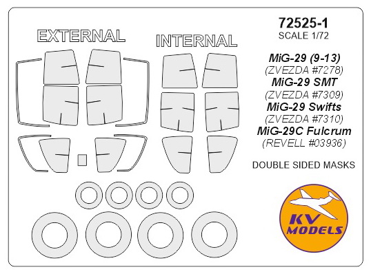 72525-1 KV Models Двусторонние маски для МиГ-29 + маски на диски, колеса и резиновое покрытие 1/72