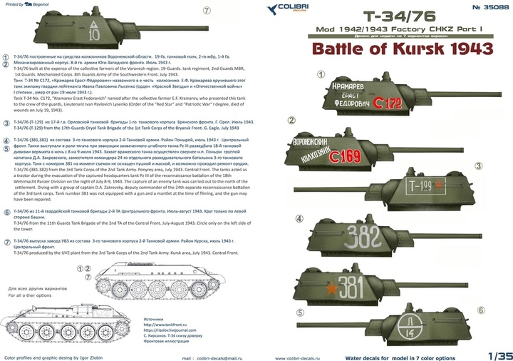 35088 Colibri Decals Декали для T-34/76 Битва за Курск (ЧТЗ, мод. 1942/43 года) 1/35