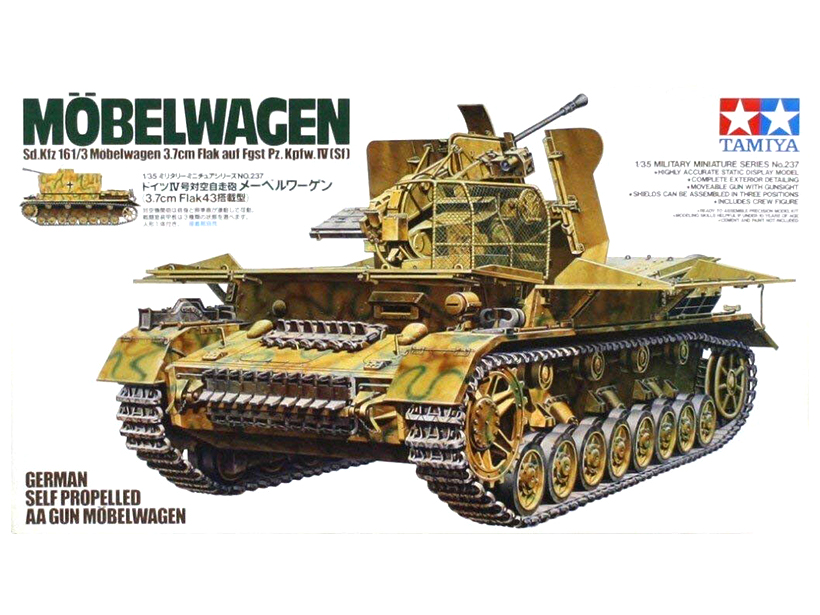 Сборная модель 35237 Tamiya Зенитная установка MOBELWAGEN FLAK 3.7cm на базе танка Panzer IV, с 3.7см пушкой и одной фигурой 