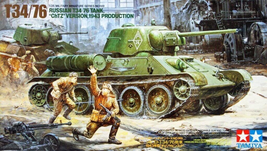 Сборная модель 35149 Tamiya Советский танк Т-34, производства Челябинского Тракторного Завода 1943г. (2 фигуры) 