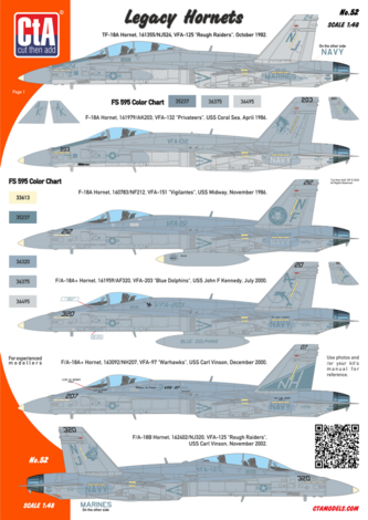 CTA-052 CtA "Legacy Hornets" - TF-18A, F-18A, F-18A+, F/A-18B. 6 Markings USN 1/48