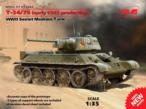 Сборная модель 35365 ICM Советский танк Т-34/76 (ранняя версия, модификация 1943 года)  