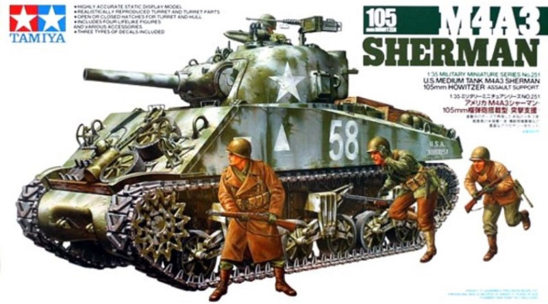 Сборная модель 35251 Tamiya Американский танк M4A3 SHERMAN со 105мм гаубицей, конец 1944г. Набор включает три фигуры 