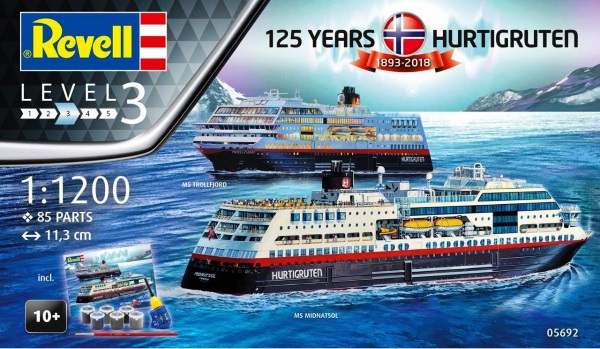 05692 Revell Подарочный набор 125 лет Hurtigruten TROLLFJORD & MIDNATS 1/1200
