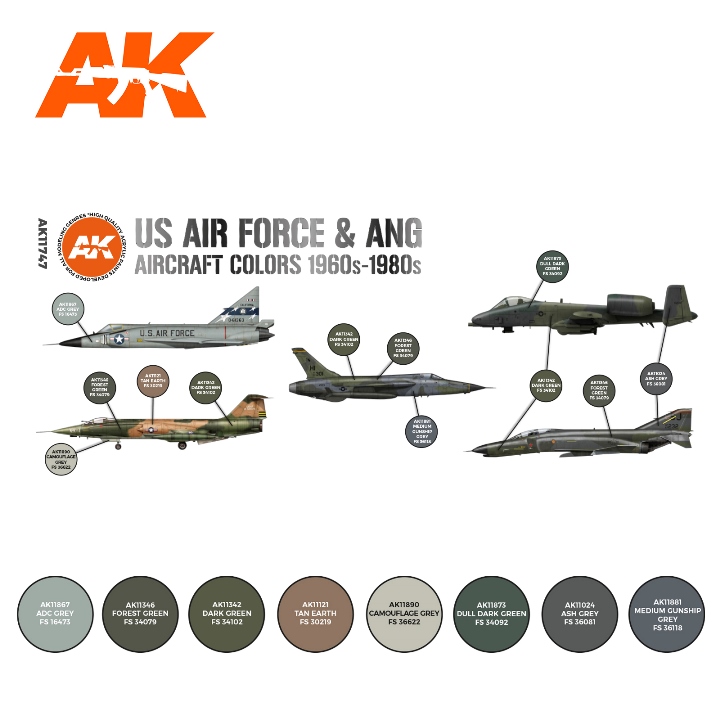 AK11747 AK Interactive Набор акриловых красок 3G "US Air Force & ANG Aircraft 1960-80гг" (8 красок)